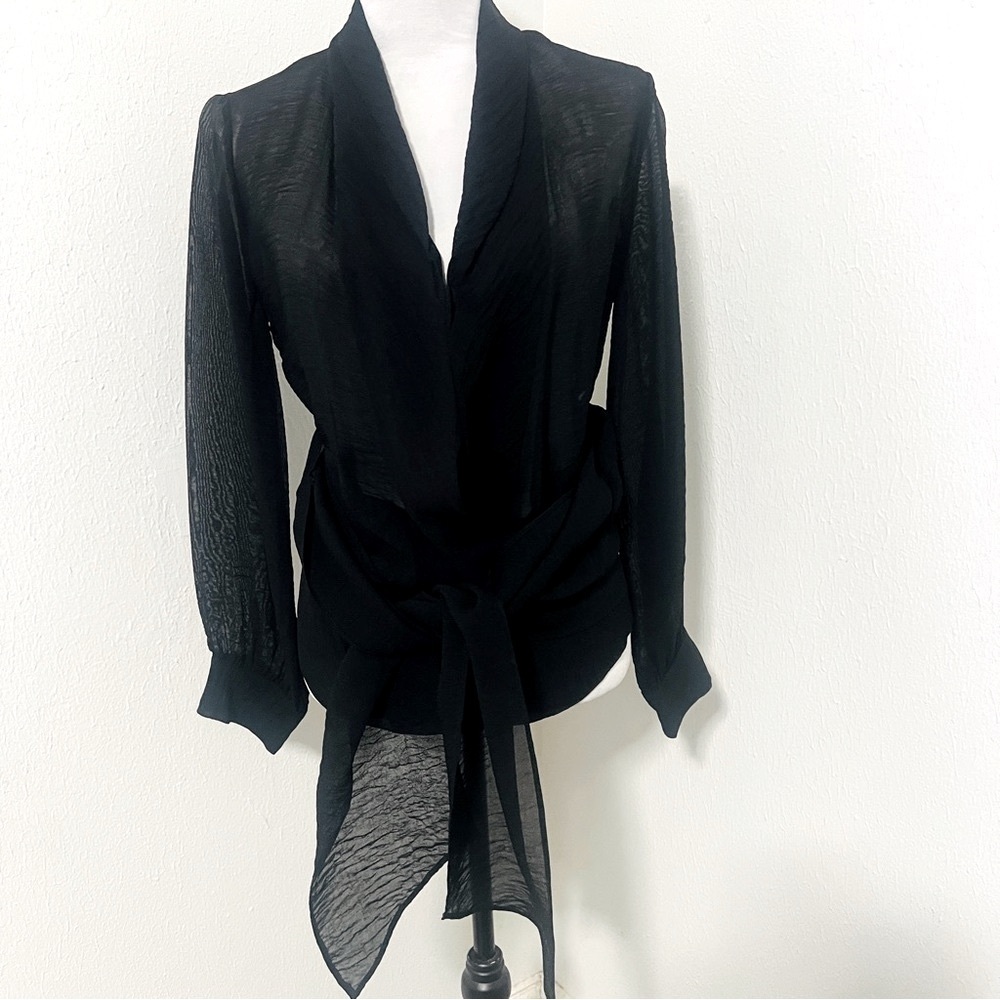 Zara Women’s Small Black Elegant Chic Black Wrap Sheer Long Sleeve Blouse NWOT